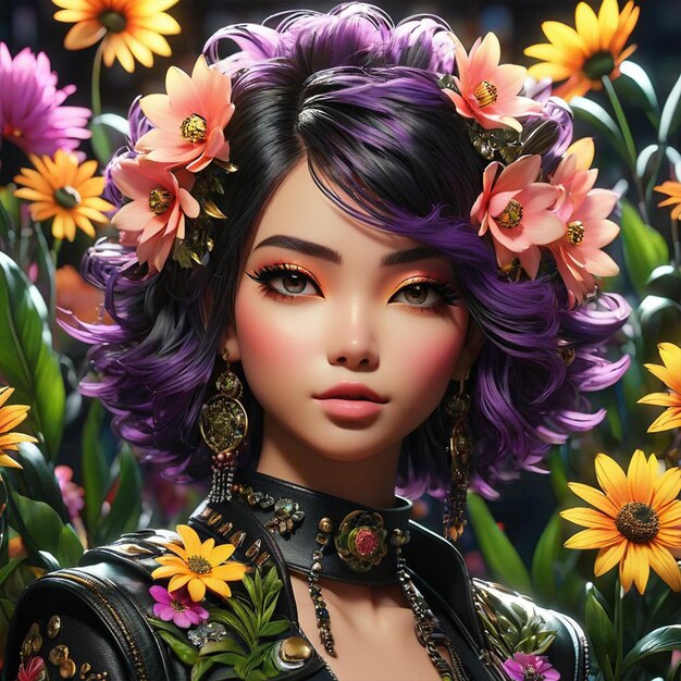 Uma boneca com uma flor no cabelo e uma flores no cabelo