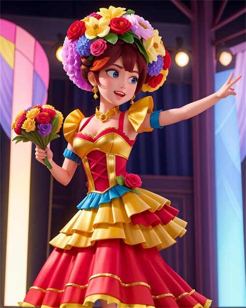 Foto uma boneca com uma flor no cabelo usa um chapéu colorido.