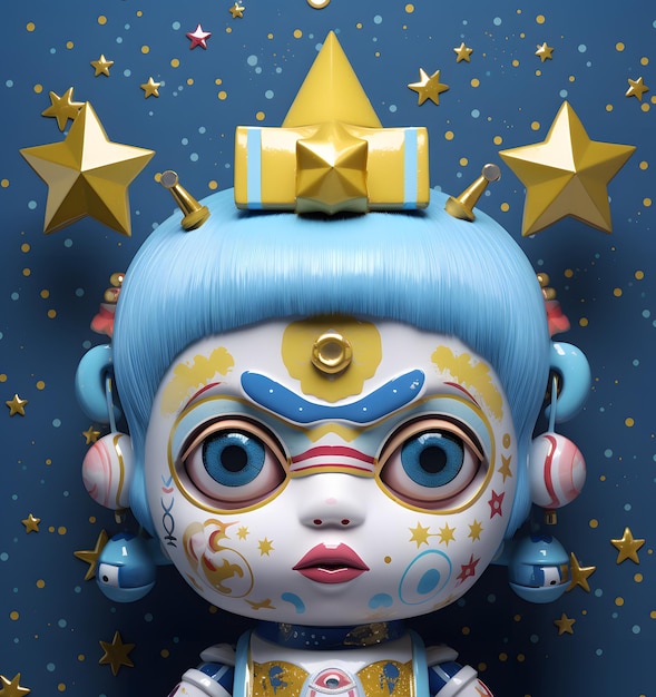 Uma boneca com uma peruca azul e uma estrela dourada
