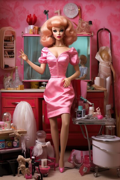 uma boneca com vestido rosa e uma boneca em um quarto rosa.