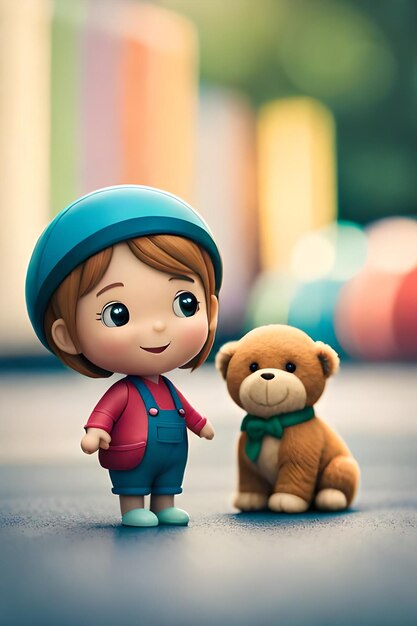 Uma boneca de brinquedo com um ursinho de pelúcia na frente