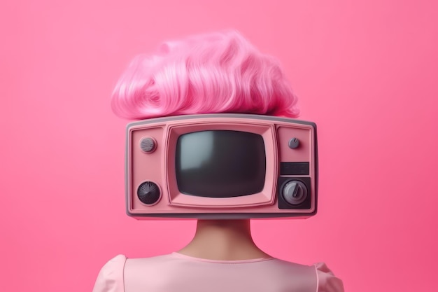 Uma boneca de cabelo rosa com uma tv na cabeça