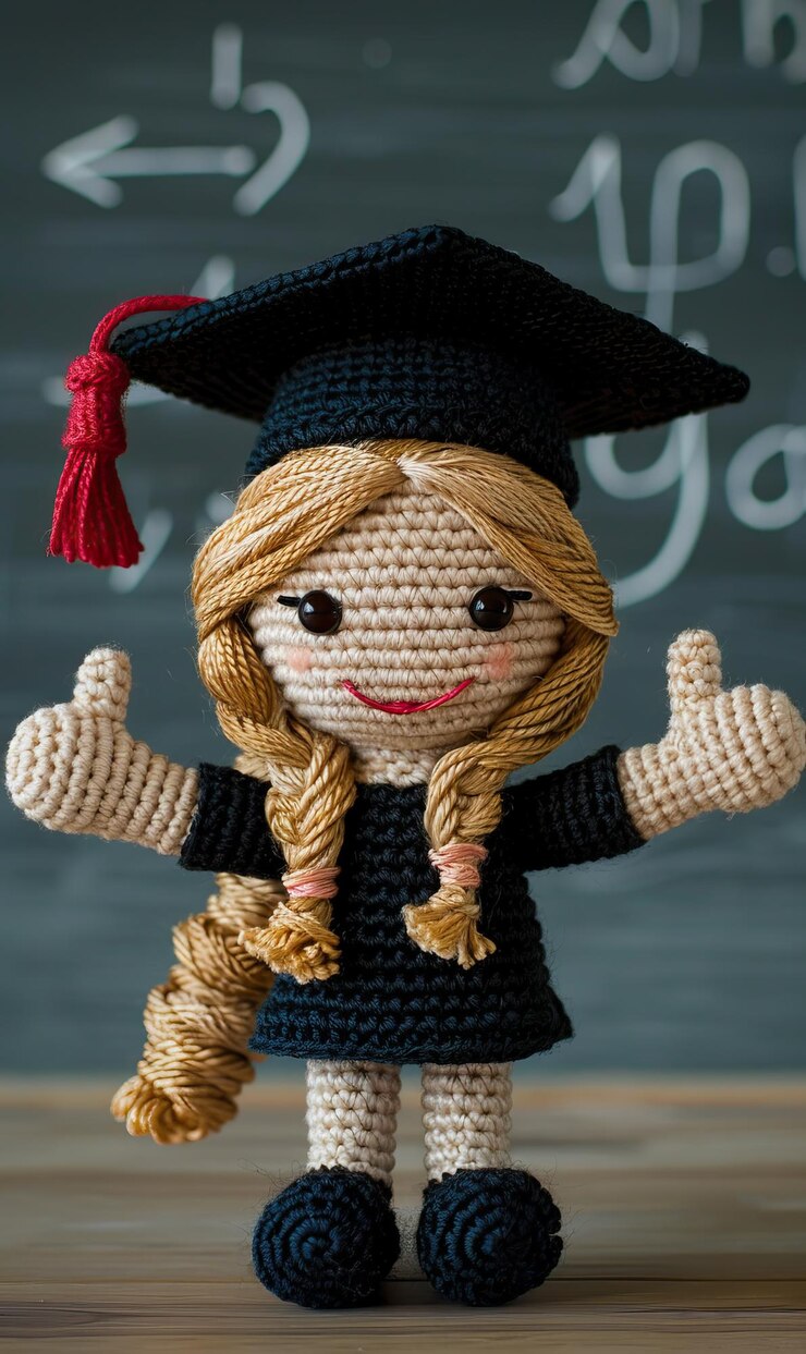 Foto uma boneca de crochê feita à mão vestida com um boné de formatura e um vestido está em frente a um quadro