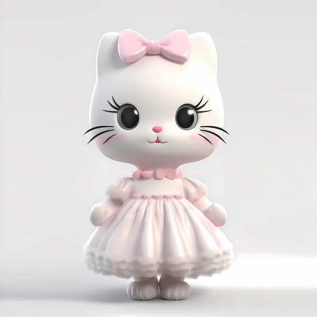 Uma boneca de gato branco com um laço rosa na cabeça.