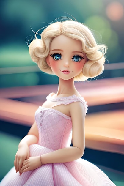 Uma boneca de olhos azuis e um vestido rosa com um vestido rosa.