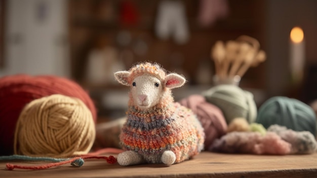 Uma boneca de ovelha está sentada sobre uma mesa com um novelo de lã.