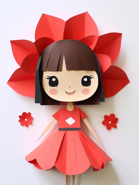uma boneca de papel com um vestido vermelho e flores vermelhas