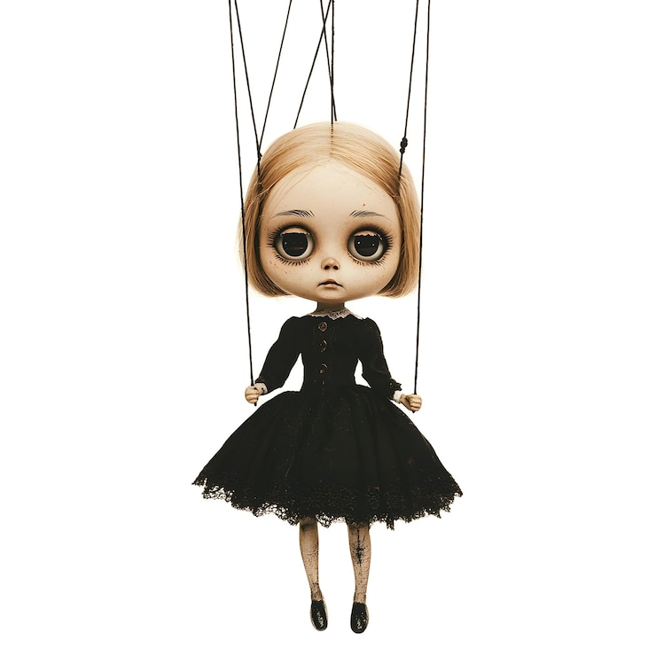 Foto uma boneca marioneta com um look vintage vestida com um vestido preto suspenso por cordas