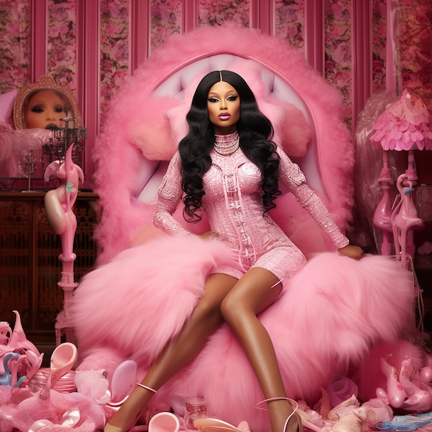 Uma boneca senta-se num tutu rosa com um vestido rosa.