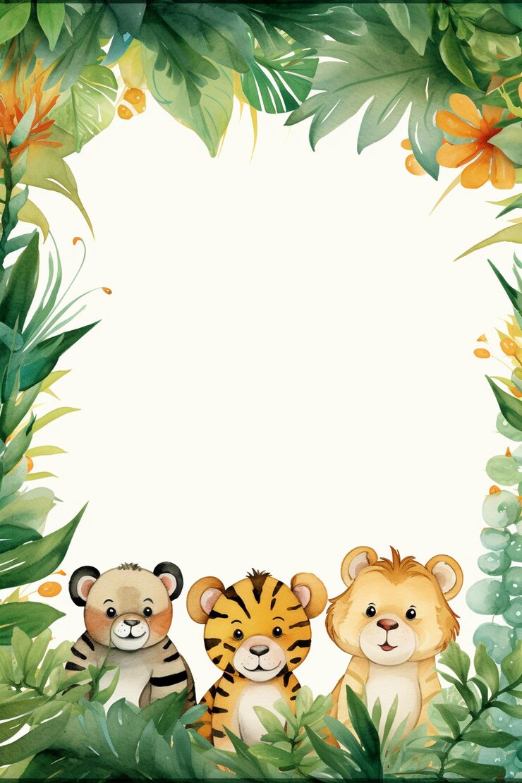 Foto uma bonita borda de aquarela com tema de selva com fundo de quadro de animais