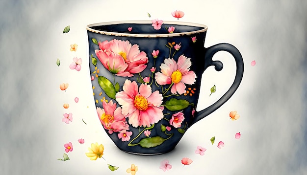 Uma bonita chávena de chá aquarela com flores geradas pela IA