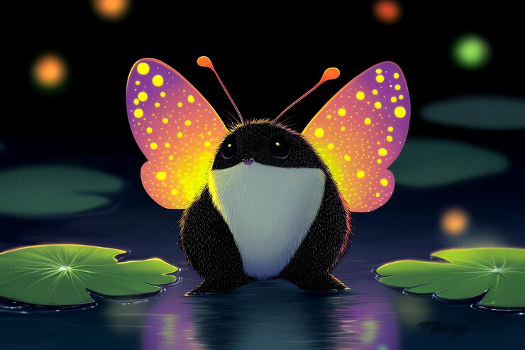 Foto uma bonita criatura borboleta de desenho animado em lily pads