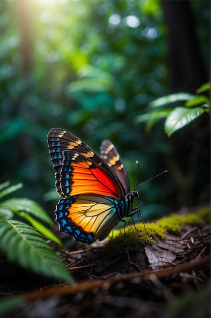 Uma bonita e iridescente borboleta numa floresta tropical Subterrânea espalhando iluminação e comp épica