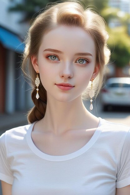 Uma bonita garota europeia de camisa branca está de pé na rua ensolarada