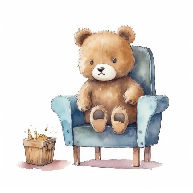 Uma bonita menina urso leu um livro numa cadeira de madeira um urso a ler um livro desenho a aquarela um urso teddy