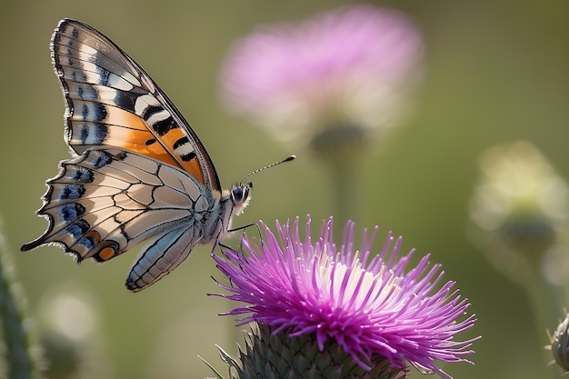 Uma borboleta a procurar comida numa flor de cardo-leite num dia ensolarado de primavera
