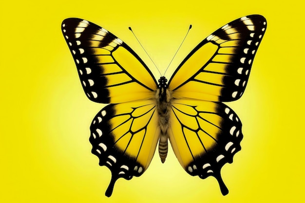 Uma borboleta amarela com marcas pretas nas asas é mostrada.
