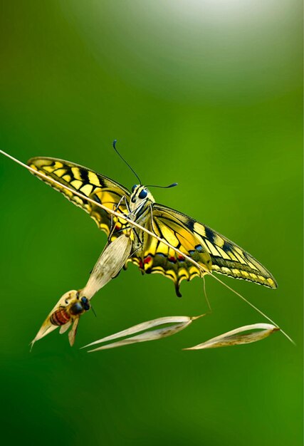 uma borboleta amarela está sendo alimentada por uma abelha