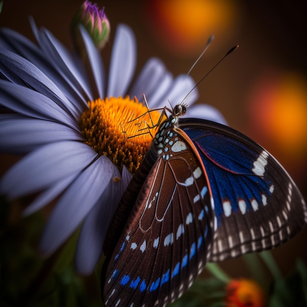 Uma borboleta azul com um centro amarelo e uma flor roxa.