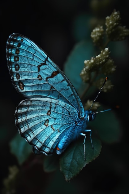 Uma borboleta azul com uma mancha vermelha nas asas está sentada em uma flor.