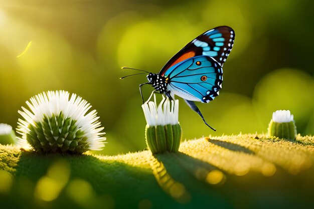 Uma borboleta azul em uma flor com o sol brilhando sobre ela