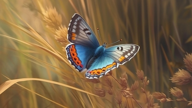 Uma borboleta azul está voando sobre um campo de trigo generative ai