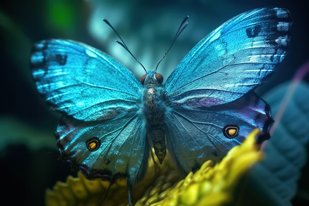 Uma borboleta azul senta-se em uma flor com a palavra borboleta nela.