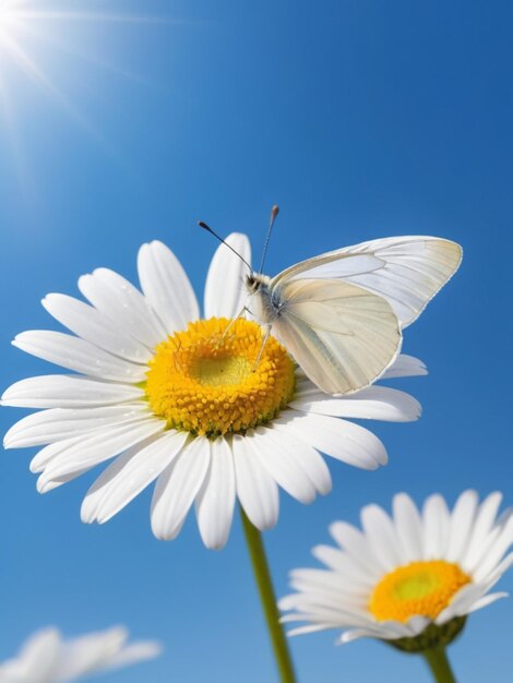 Uma borboleta branca em cima de uma única margarida branca contra um céu azul claro