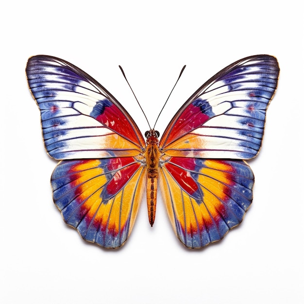 Uma borboleta colorida com asas vermelhas, azuis e amarelas é mostrada em um fundo branco.