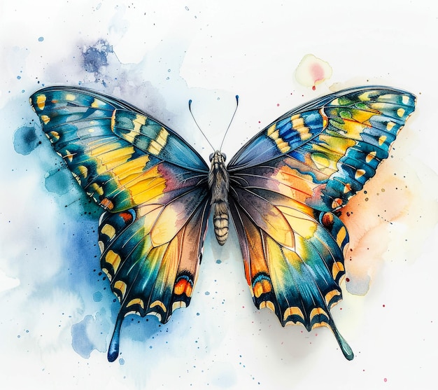 Foto uma borboleta colorida com cores amarelas e azuis