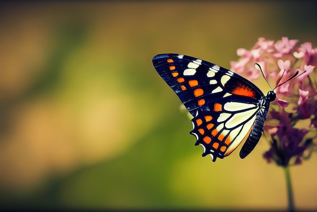 Uma borboleta colorida e bonita na flor. Fundo natural de flor e borboleta. Copiar espaço