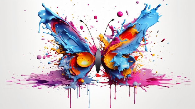Uma borboleta colorida é pintada com respingos de tinta.