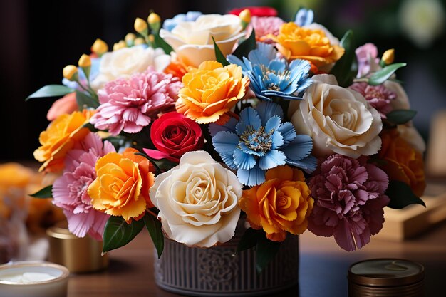 Uma borboleta colorida em cima de um bouquet de flores vibrantes