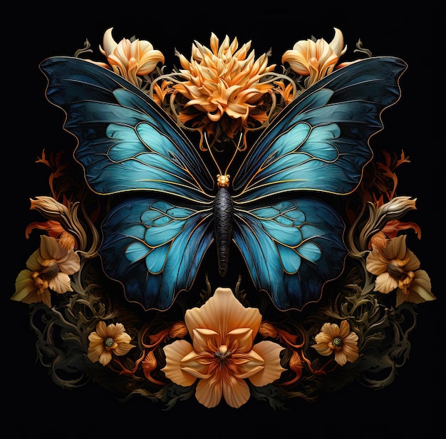 uma borboleta colorida está em cima de uma flor preta no estilo do surrealismo fotorrealista