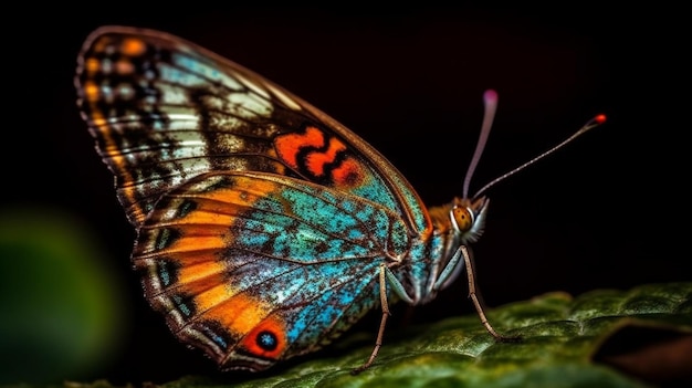 Uma borboleta colorida senta-se em um pedaço de madeira