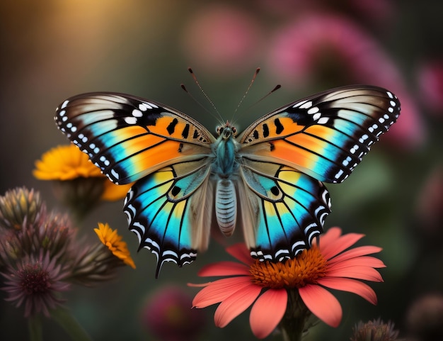 Uma borboleta com asas azuis e uma flor amarela e laranja ao fundo.