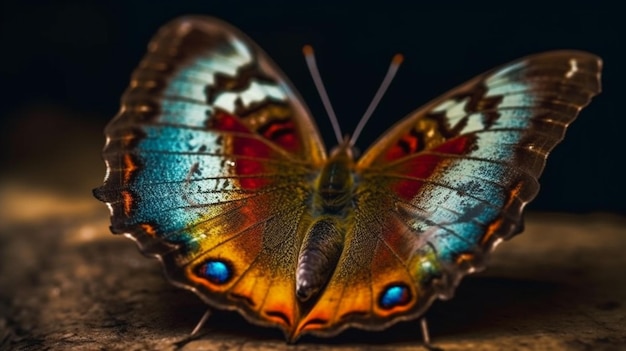 Uma borboleta com asas azuis e vermelhas senta-se em uma superfície de madeira.