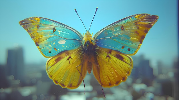 Uma borboleta com asas azuis sentada em um peitoral da janela na frente de um horizonte da cidade com edifícios em th