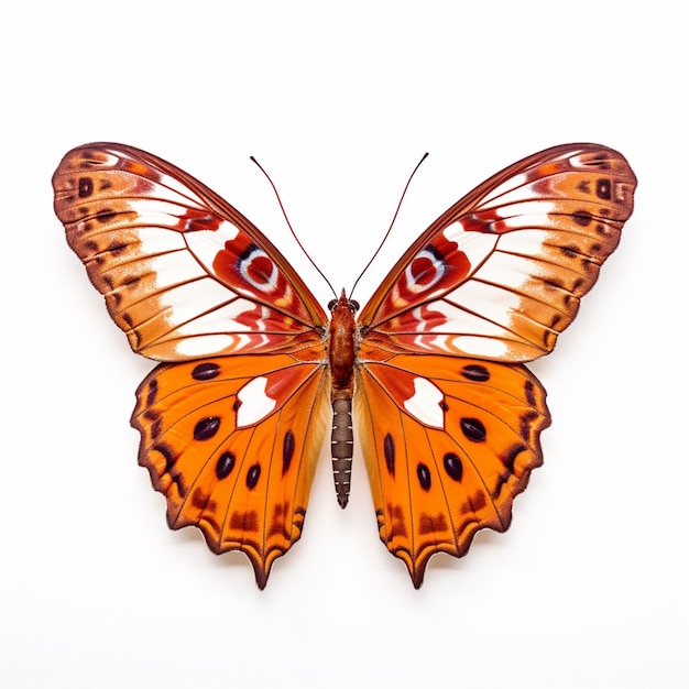 Uma borboleta com asas laranja e asas laranja e pretas está sobre um fundo branco.
