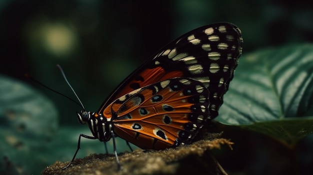 Uma borboleta com asas laranja e asas pretas e laranja senta-se em um tronco.