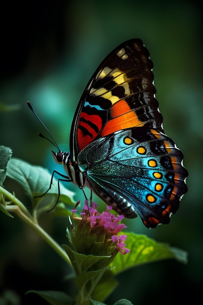 Uma borboleta com asas laranja e pretas brilhantes está sentada em uma folha verde.