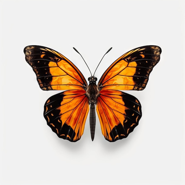 Foto uma borboleta com asas laranja e pretas e listras pretas.