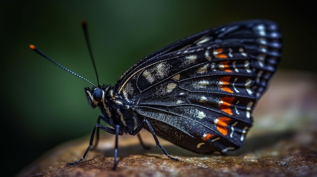 Uma borboleta com asas laranja senta-se em uma pedra.