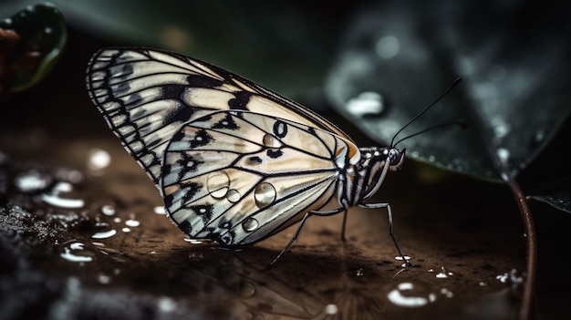 Uma borboleta com asas pretas e brancas senta-se em uma superfície molhada com gotas de água.