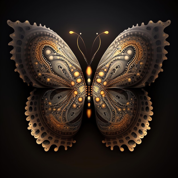 Uma borboleta com desenhos dourados e pretos e detalhes dourados.