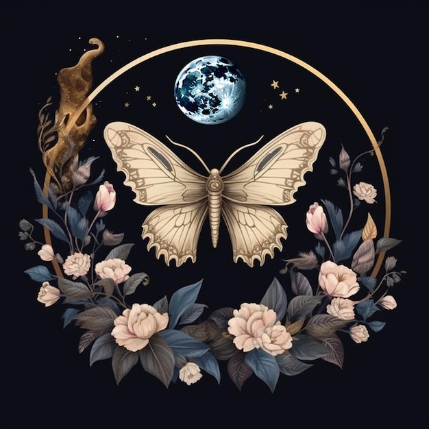 Uma borboleta com flores e a lua nela