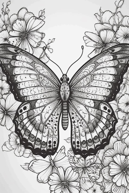 uma borboleta com flores e folhas em um fundo branco ai generativo