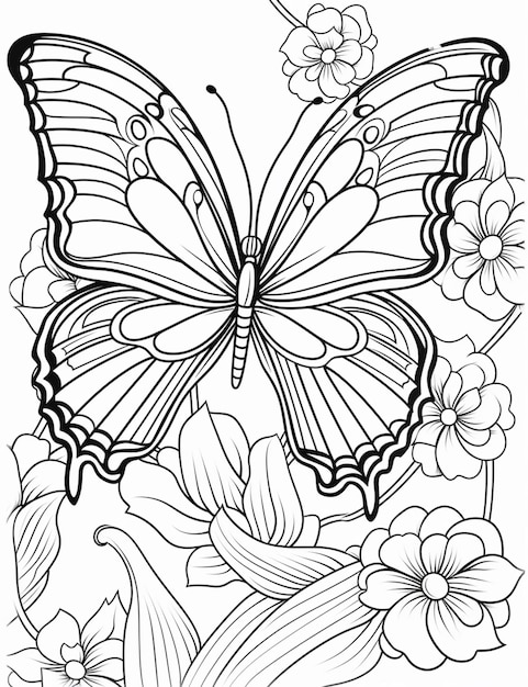 Uma borboleta com flores e folhas para colorir páginas generativas ai