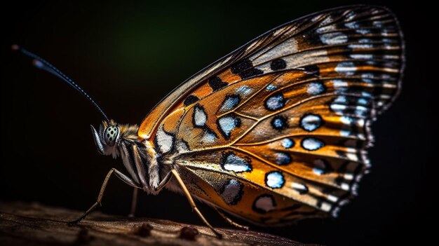 Uma borboleta com manchas azuis está sentada em um galho.