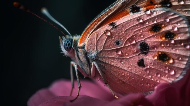 Foto uma borboleta com manchas pretas nas asas está coberta de gotas de água.